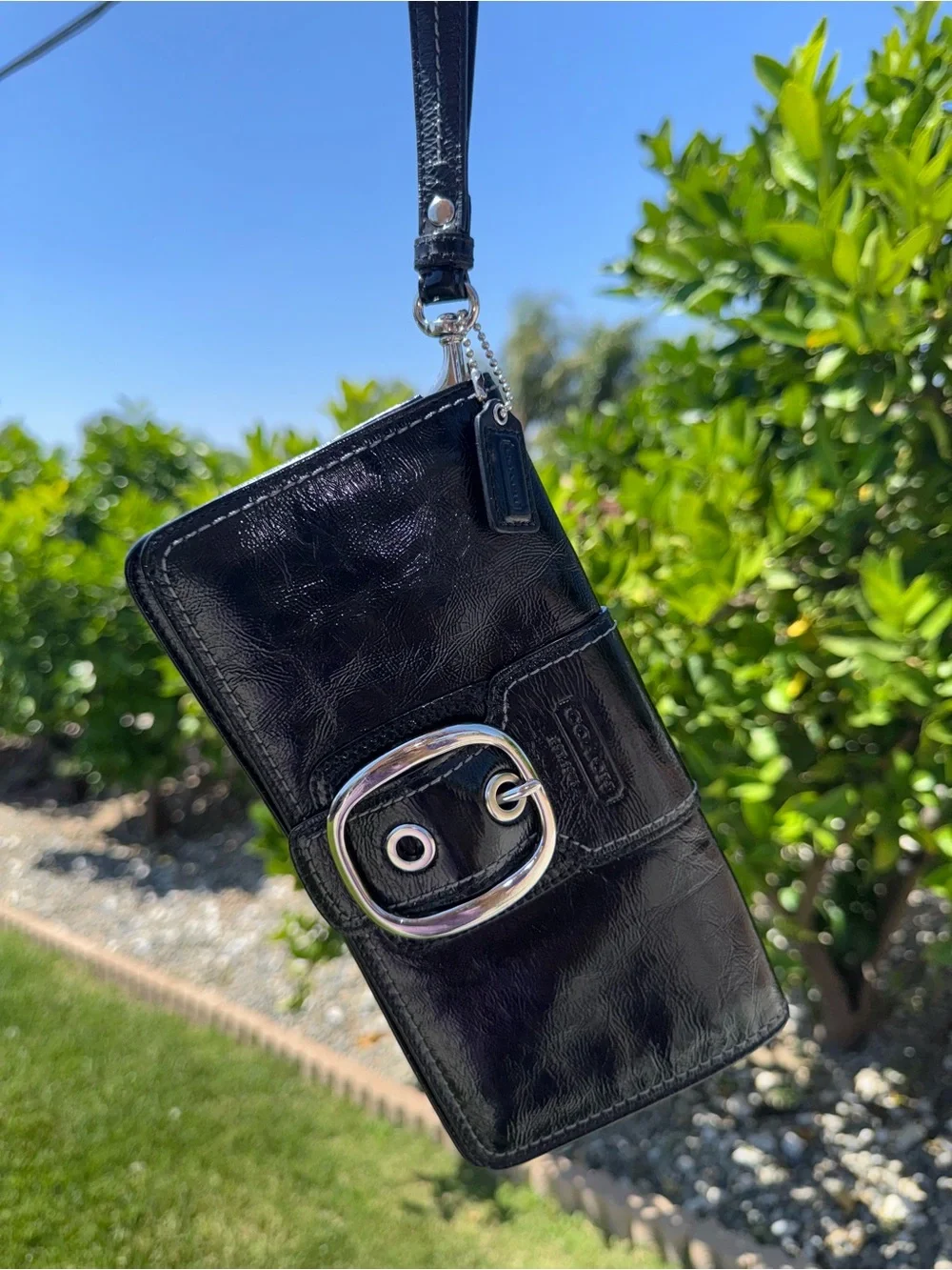 Coach Black Glossy Patent Leather Clutch Wristlet Wallet Silver Buckle Accent